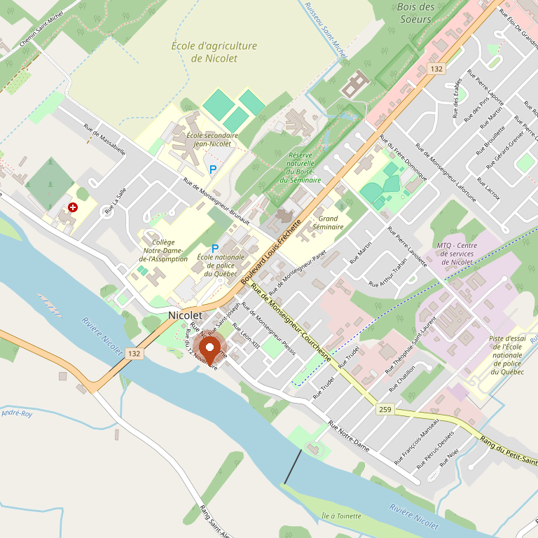 Carte du secteur — 93, place du 21-Mars, Nicolet (Québec), avec l'emplacement de l'APDI signalé par un marqueur rouge